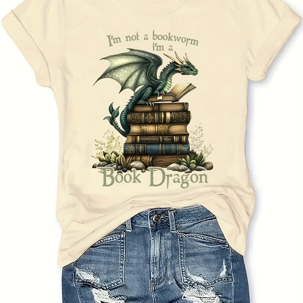 Book Dragon T-Shirt - "I'm Not a Nerd" Funny Women's Casual T-Shirt, Short Sleeve Round Neck, Green Dragon & Books Design, Perfect for Spring/Summer Fashion, Summer Tshirt | Humorous Design | Comfortable Fabric, Dragon T Sh