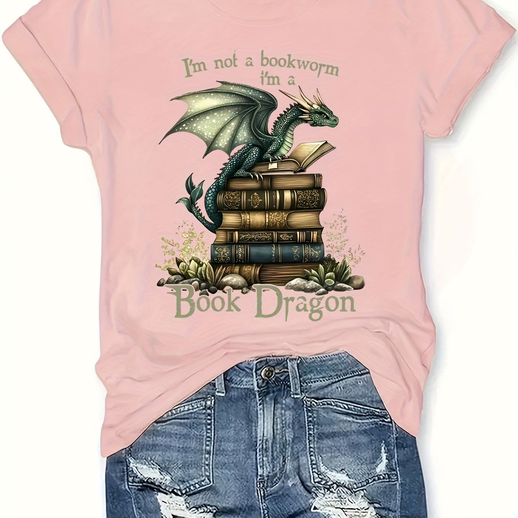 Book Dragon T-Shirt - "I'm Not a Nerd" Funny Women's Casual T-Shirt, Short Sleeve Round Neck, Green Dragon & Books Design, Perfect for Spring/Summer Fashion, Summer Tshirt | Humorous Design | Comfortable Fabric, Dragon T Sh