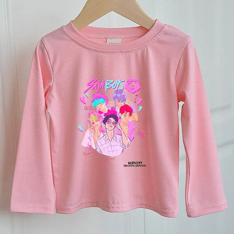KPOP Demon Hunters Girls Long Sleeve T-shirt Kawaii Cartoon Printed Tops Kid Baby Casuals T-shirts Autumn Children Clothing Gift