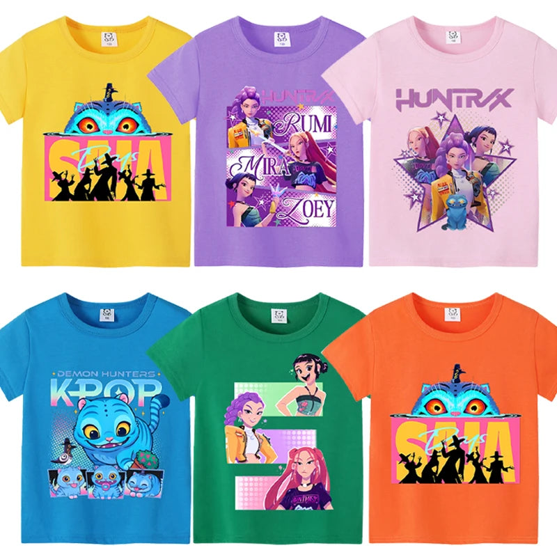 Kpop Demon Hunters T-shirts for Boys Girls Anime Cartoon Cute Short Sleeved Top Children Summer Fashion T-shirt Kids Clothes