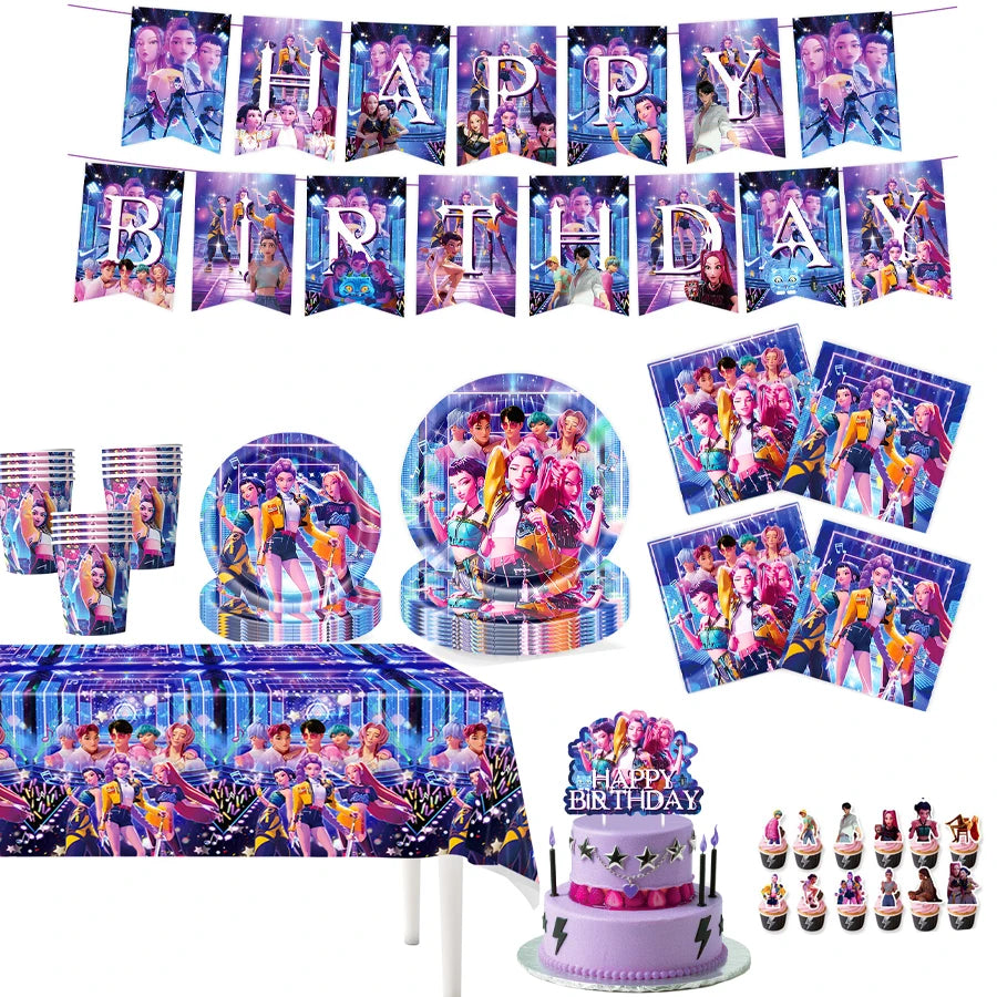 K-pop Demon Hunters Christmas Party Favors Anime Demon Hunting Cupcake Toppers Postcard Group Cards Stickers Banner Balloon Sets