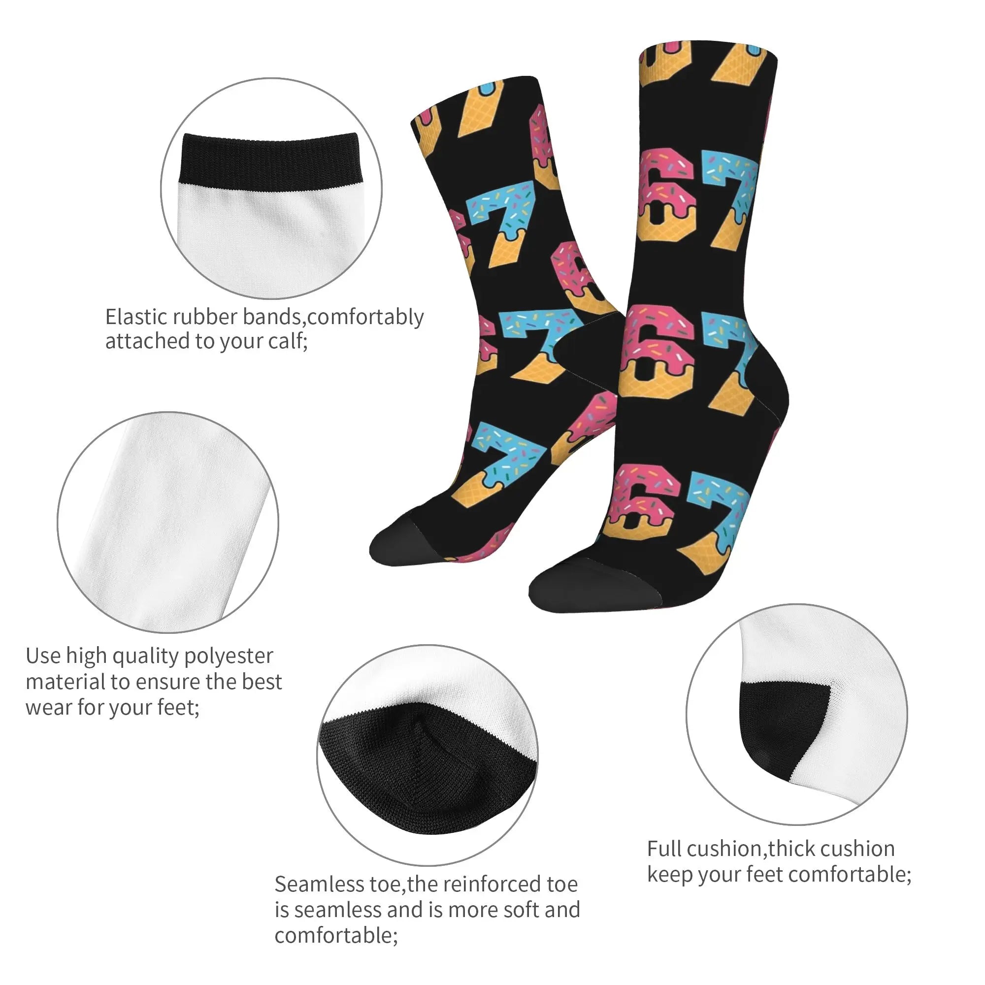 67 Ice Cream Drip Meme Six Seven Gen Alpha Slang Socks Anti-Slip Stockings Adults Men Quality Running Socks Winter Casual Socks