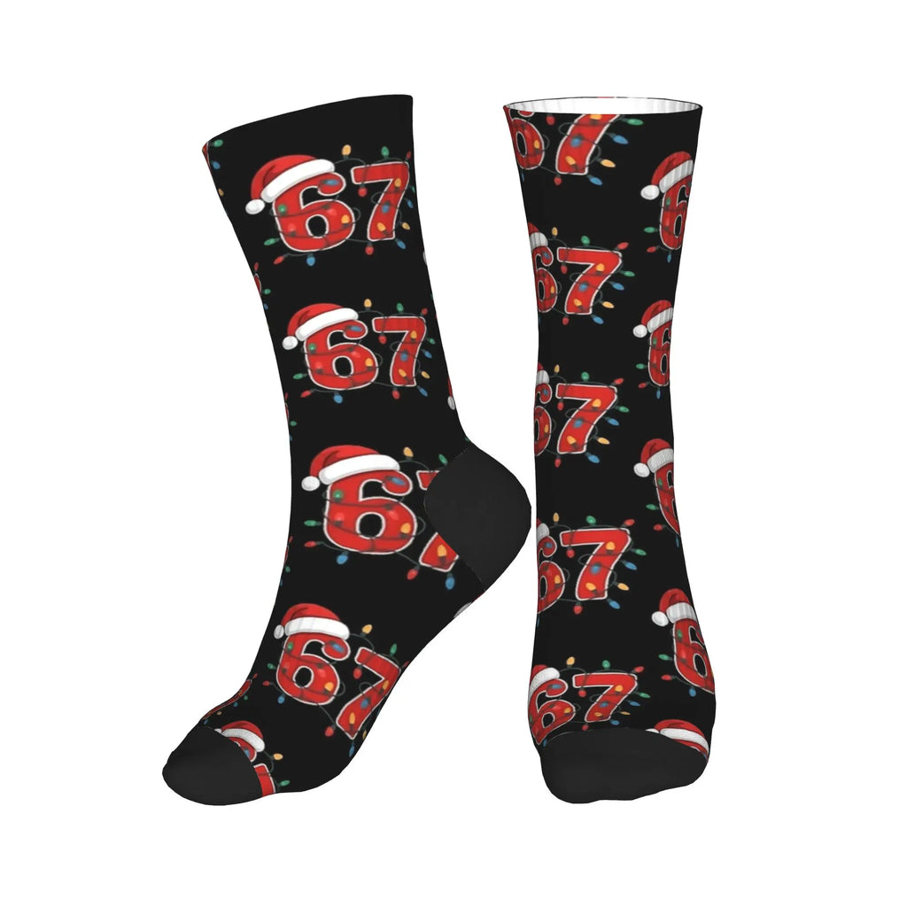 Christmas Number 67 Xmas Lights Santa Hat Sixty Seven Socks Gothic Stockings Adults Men Warm Soft Running Sports Socks Winter