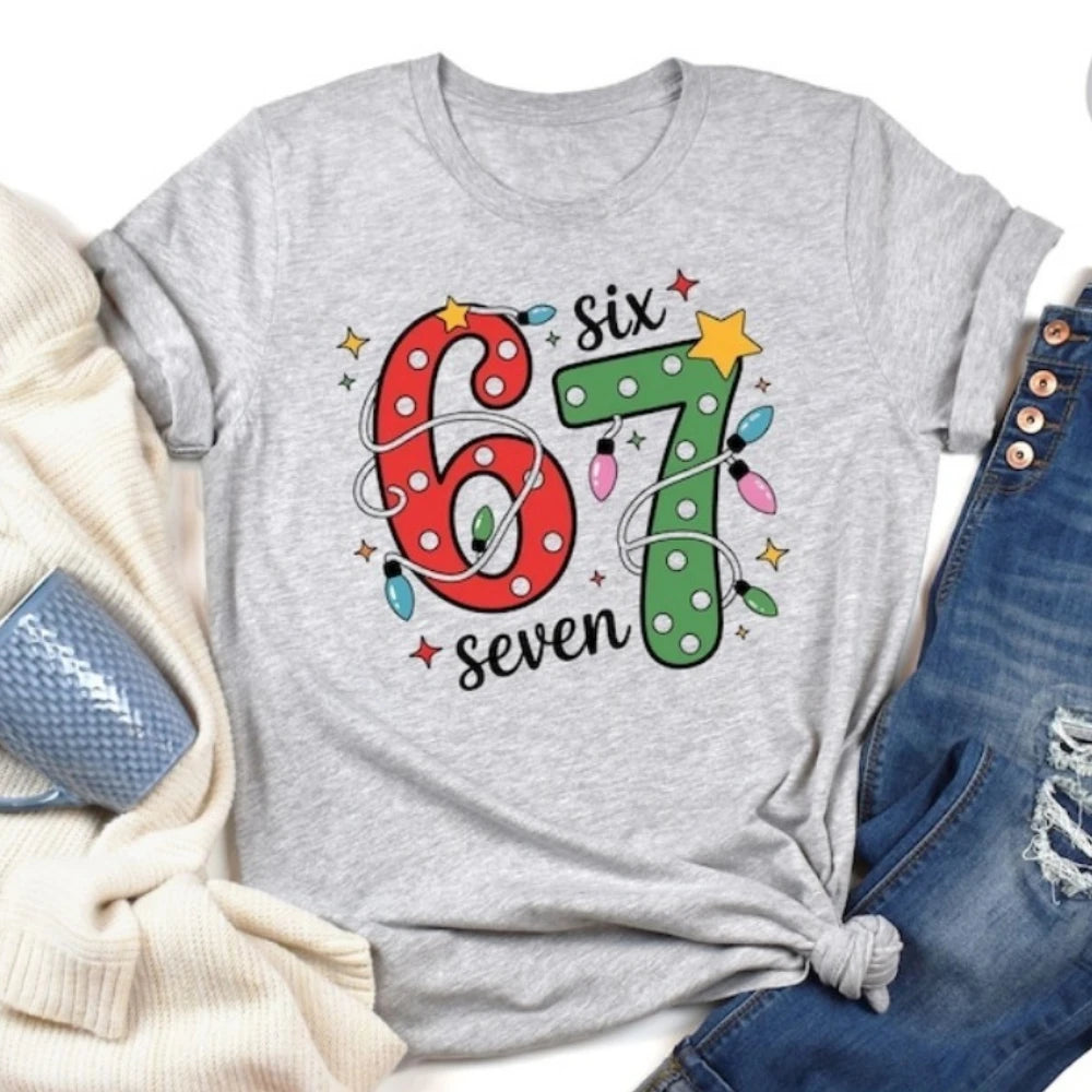 Six Seven Christmas Shirt Viral 6 7 Meme Tees Funny Xmas Graphic T-Shirt Social Media Humor Holiday Cotton Tops Women Sweashirt