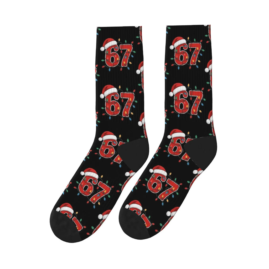 Christmas Number 67 Xmas Lights Santa Hat Sixty Seven Socks Gothic Stockings Adults Men Warm Soft Running Sports Socks Winter
