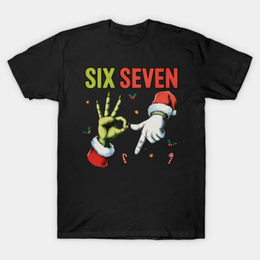 Six Seven Christmas Hands - Funny Viral Meme Holiday Trend T-shirt For Men Women 100% Cotton T Shirts Short Sleeve Tops 1023-1