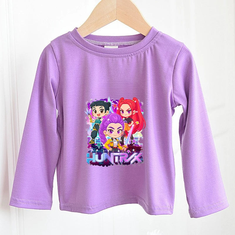 KPOP Demon Hunters Girls Long Sleeve T-shirt Kawaii Cartoon Printed Tops Kid Baby Casuals T-shirts Autumn Children Clothing Gift