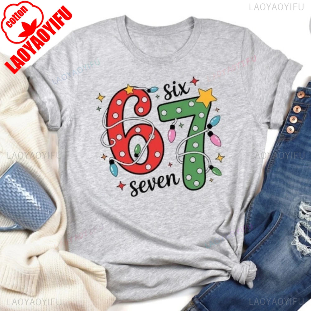 Six Seven Christmas Shirt Viral 6 7 Meme Tees Funny Xmas Graphic T-Shirt Social Media Humor Holiday Cotton Tops Women Sweashirt