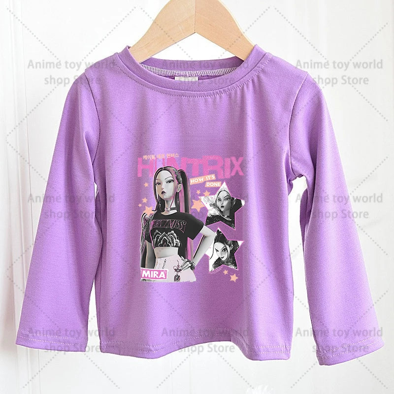KPOP Demon Hunters Girls Long Sleeve T-shirt Kawaii Cartoon Printed Tops Kid Baby Casuals T-shirts Autumn Children Clothing Gift