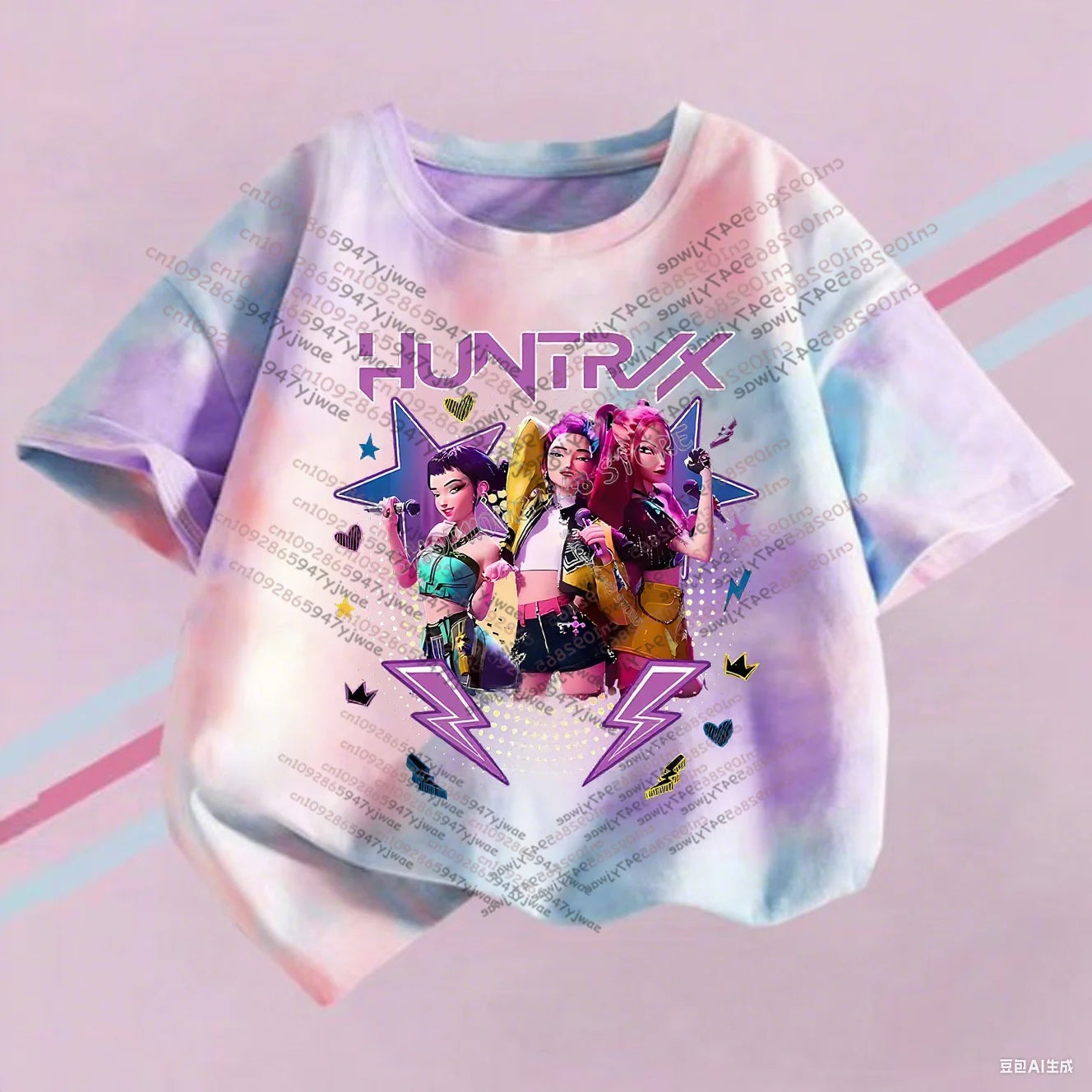KPop Demon Hunters T-shirt Children Purple Tie-dye Top Girls O Collar Clothing Short Sleeve Tee Kids Summer/Autumn Clothes Gift