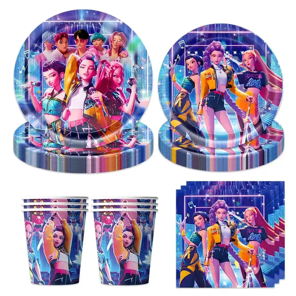 K-Ppop Demon Hunter Themed Birthday Disposable Paper Tableware with Cups Plates Cake Topper Favors BalloonGift Bag for Christmas