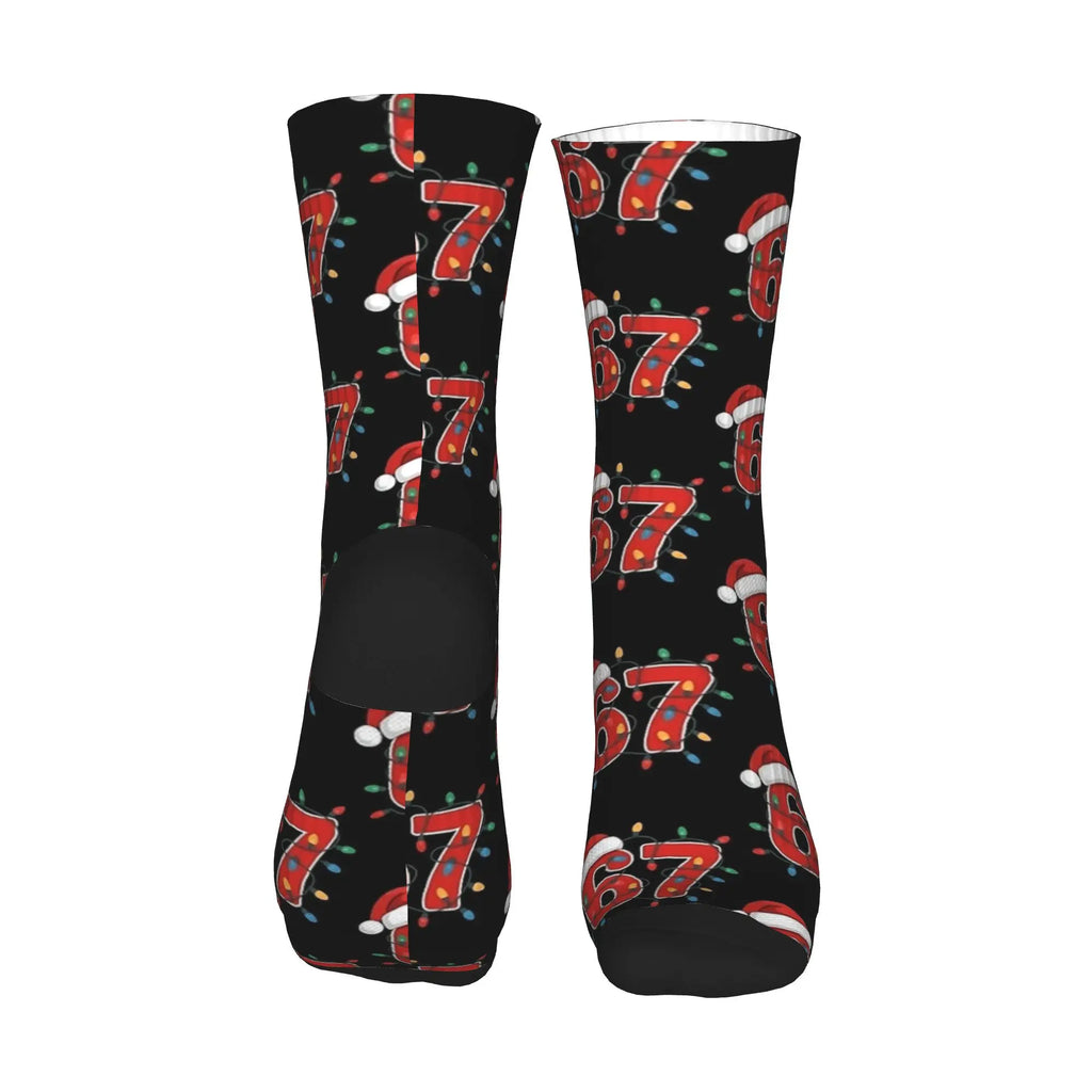 Christmas Number 67 Xmas Lights Santa Hat Sixty Seven Socks Gothic Stockings Adults Men Warm Soft Running Sports Socks Winter