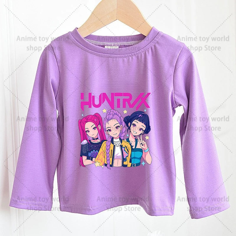 KPOP Demon Hunters Girls Long Sleeve T-shirt Kawaii Cartoon Printed Tops Kid Baby Casuals T-shirts Autumn Children Clothing Gift