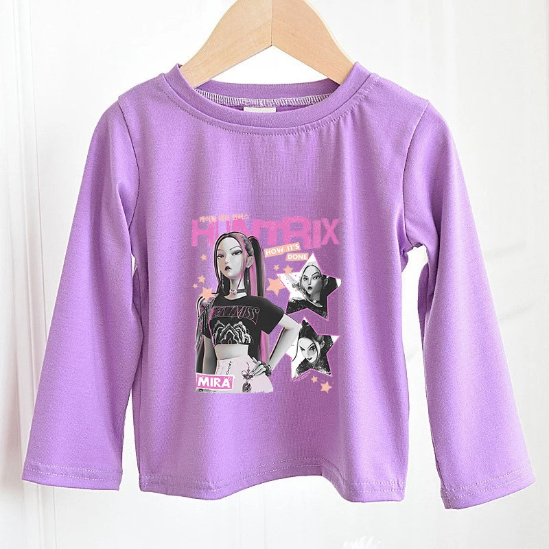 KPOP Demon Hunters Girls Long Sleeve T-shirt Kawaii Cartoon Printed Tops Kid Baby Casuals T-shirts Autumn Children Clothing Gift