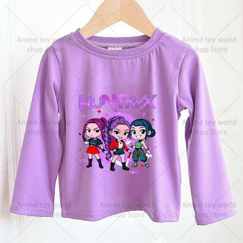 KPOP Demon Hunters Girls Long Sleeve T-shirt Kawaii Cartoon Printed Tops Kid Baby Casuals T-shirts Autumn Children Clothing Gift