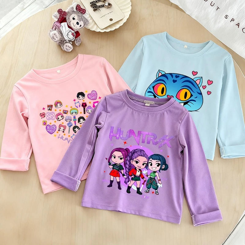 KPOP Demon Hunters Girls Long Sleeve T-shirt Kawaii Cartoon Printed Tops Kid Baby Casuals T-shirts Autumn Children Clothing Gift