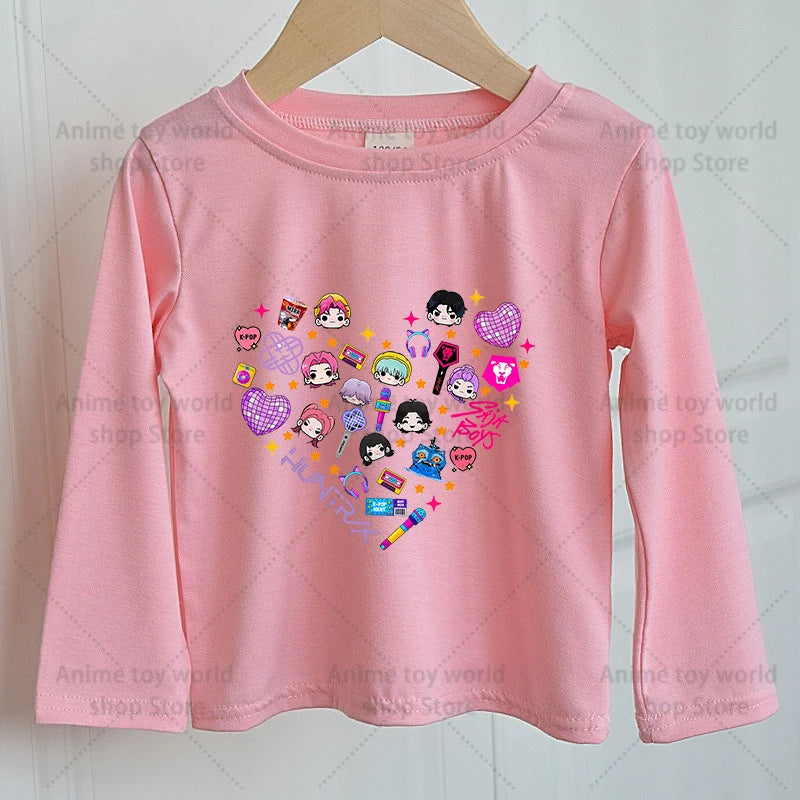 KPOP Demon Hunters Girls Long Sleeve T-shirt Kawaii Cartoon Printed Tops Kid Baby Casuals T-shirts Autumn Children Clothing Gift