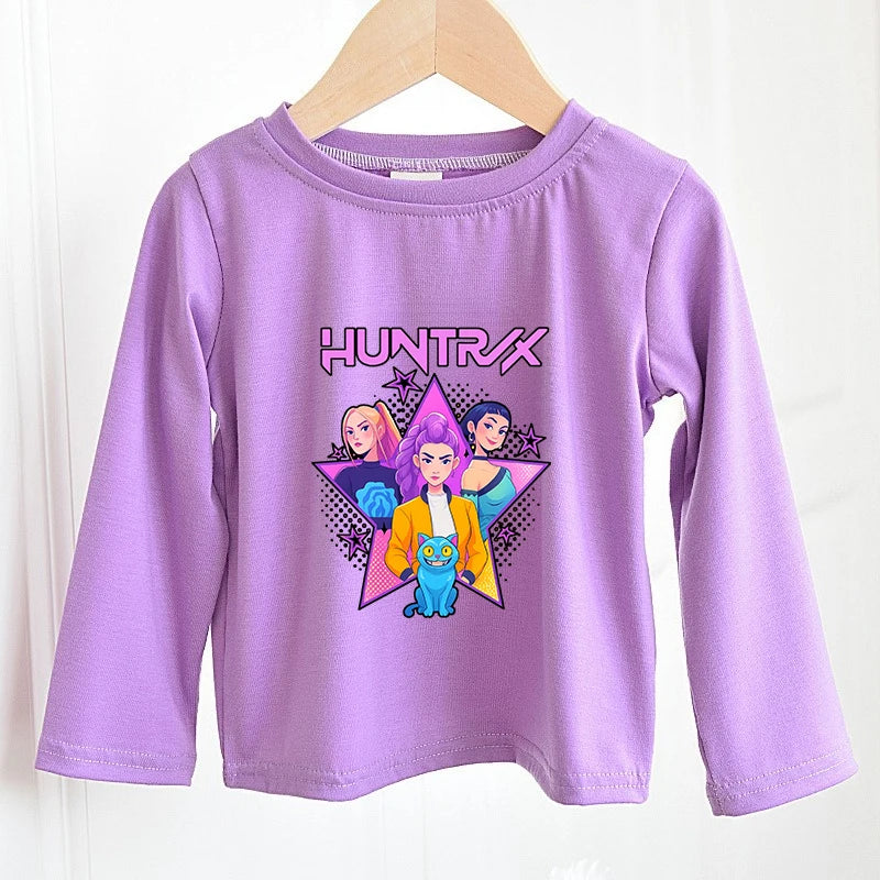 KPOP Demon Hunters Girls Long Sleeve T-shirt Kawaii Cartoon Printed Tops Kid Baby Casuals T-shirts Autumn Children Clothing Gift