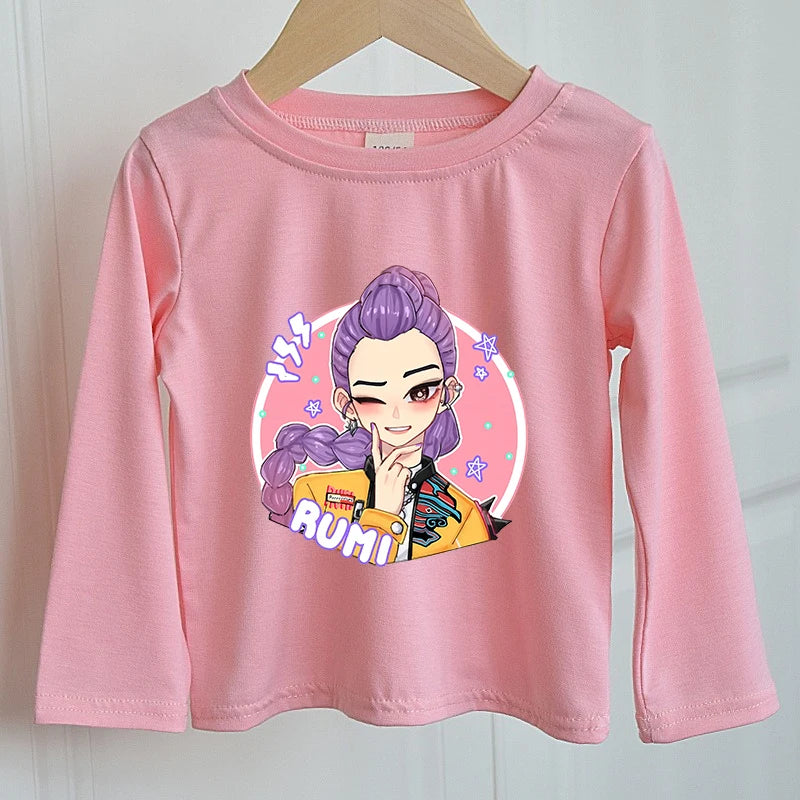 KPOP Demon Hunters Girls Long Sleeve T-shirt Kawaii Cartoon Printed Tops Kid Baby Casuals T-shirts Autumn Children Clothing Gift