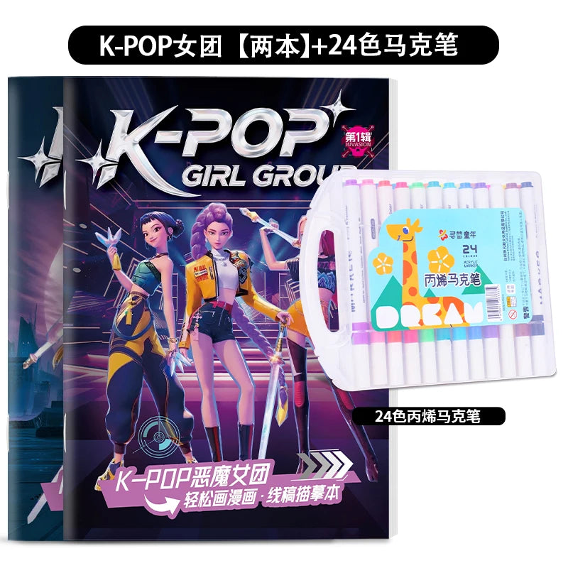 Kpop Demon Hunters Tracing Painting Anime Cartoon Line Drawing Children's Sketch Coloring Picture Book Children's Holiday Gifts