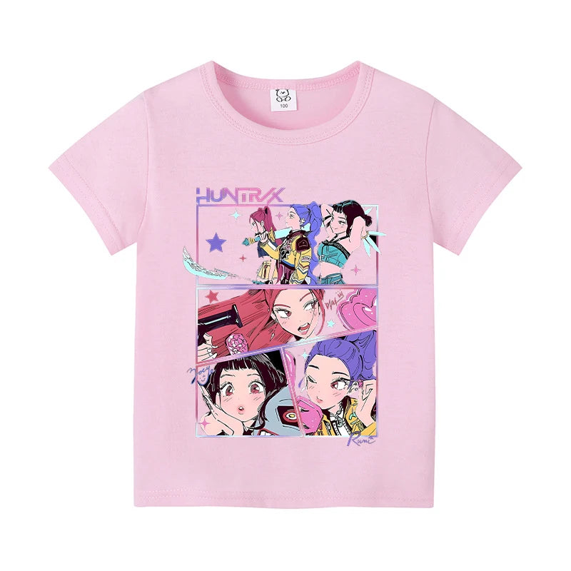 Kpop Demon Hunters T-shirts for Boys Girls Anime Cartoon Cute Short Sleeved Top Children Summer Fashion T-shirt Kids Clothes