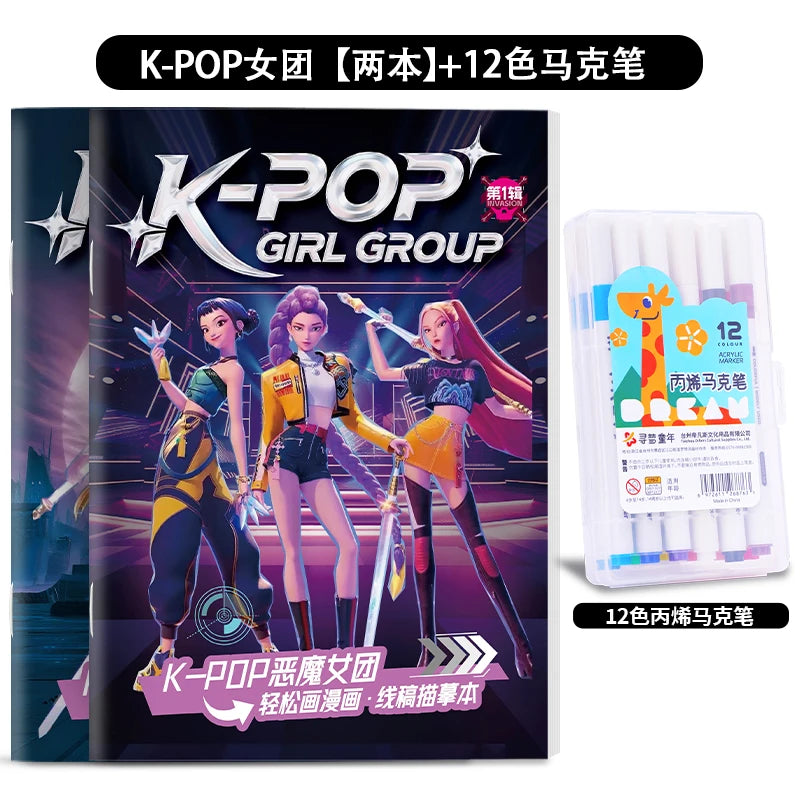 Kpop Demon Hunters Tracing Painting Anime Cartoon Line Drawing Children's Sketch Coloring Picture Book Children's Holiday Gifts