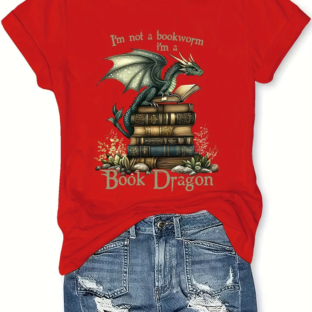 Book Dragon T-Shirt - "I'm Not a Nerd" Funny Women's Casual T-Shirt, Short Sleeve Round Neck, Green Dragon & Books Design, Perfect for Spring/Summer Fashion, Summer Tshirt | Humorous Design | Comfortable Fabric, Dragon T Sh